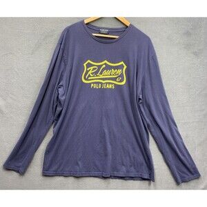 Vtg Men’s Polo Jeans Company Long Sleeve Graphic Print T Shirt Navy Blue Size XL